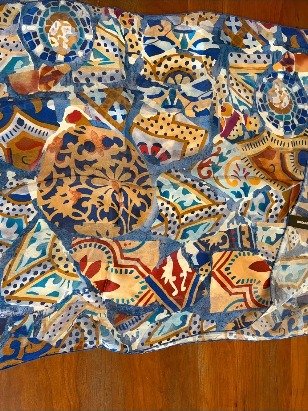 Brochier Soieres Silk Geometric Design Scarf in Blue and Gold